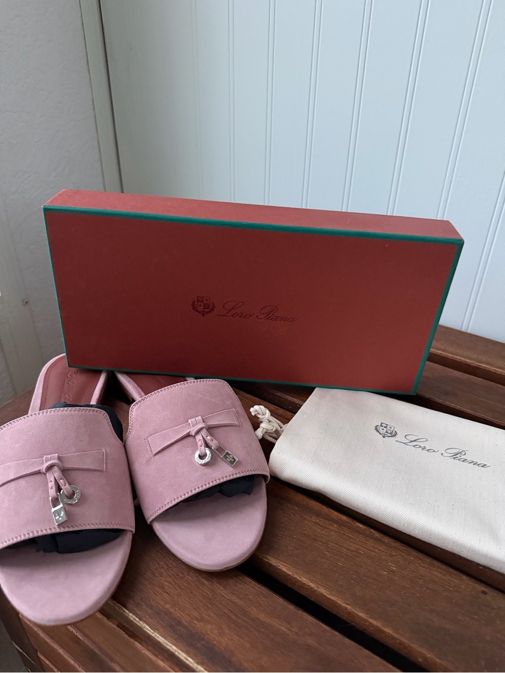 BRAND NEW NEVER WORN Loro Piana Dusty Pink Suede Slide Mules with Hardware Tie